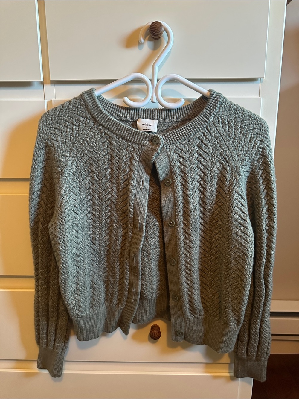 Wilfred Moss Green Textured Knit 100% Wool Button Cardigan